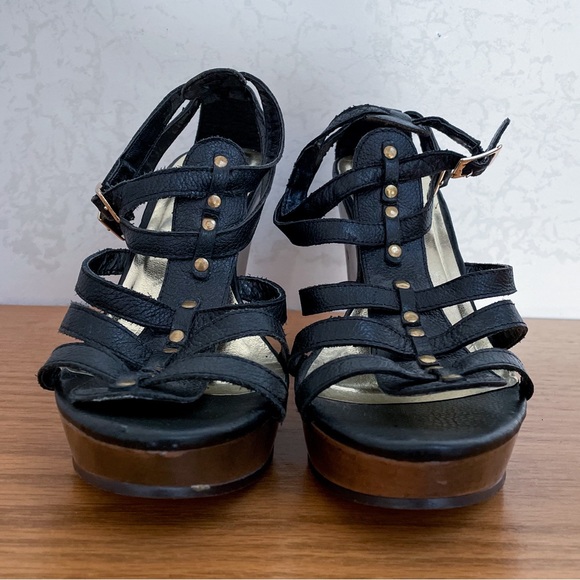 Steve Madden Black/ Brown Gold Studded Caged Wedge Sandals - Picture 3 of 8
